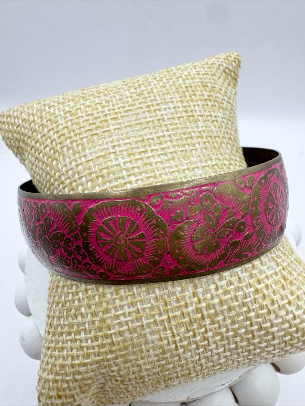 Vintage brass bangle pink enamel floral bracelet